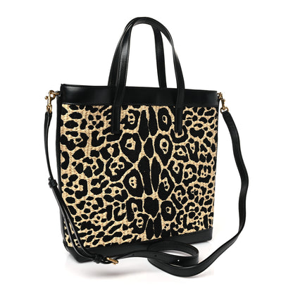 Saint Laurent Raffia Calfskin Leopard Print Toy Shopping Tote Natural Black 3 of 9