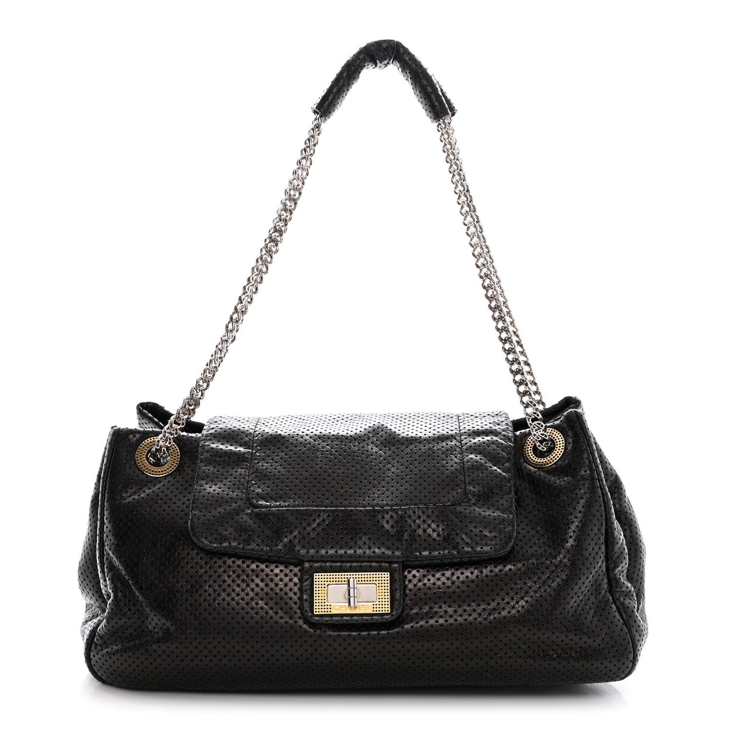 Calfskin Perforated Large Drill Accordion Flap Black