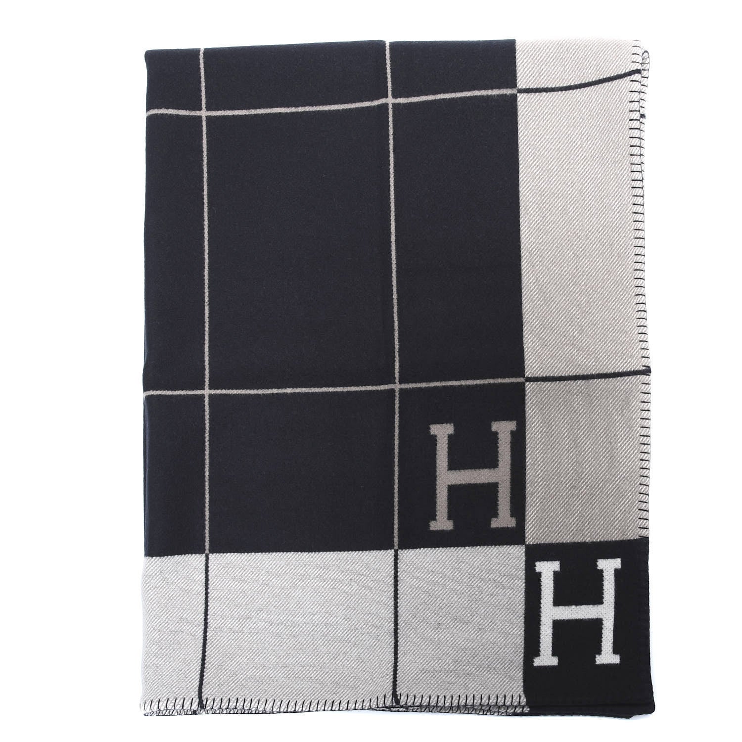 Hermes Wool Cashmere Avalon III Blanket Ecru Black 1 of 3
