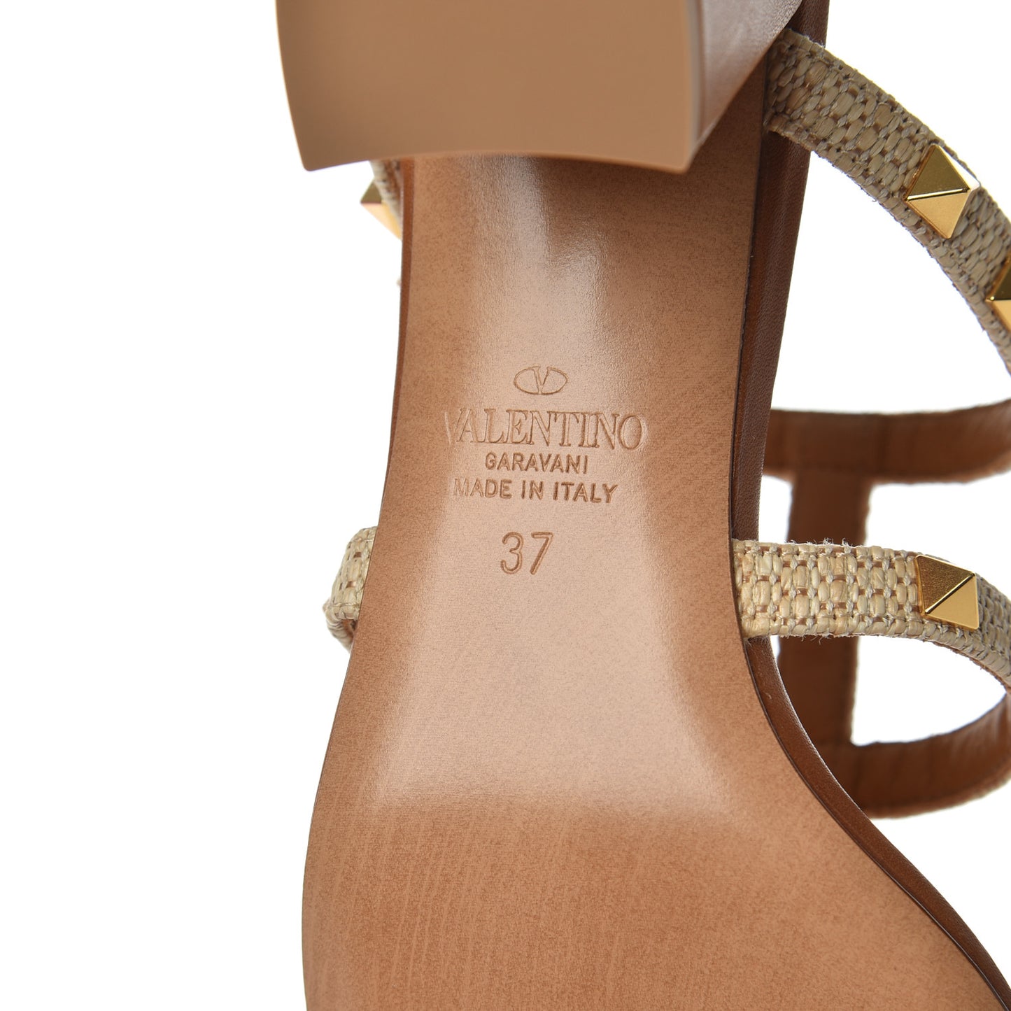 Raffia Calfskin Rockstud 60mm Caged Slide Sandals 37 Naturale