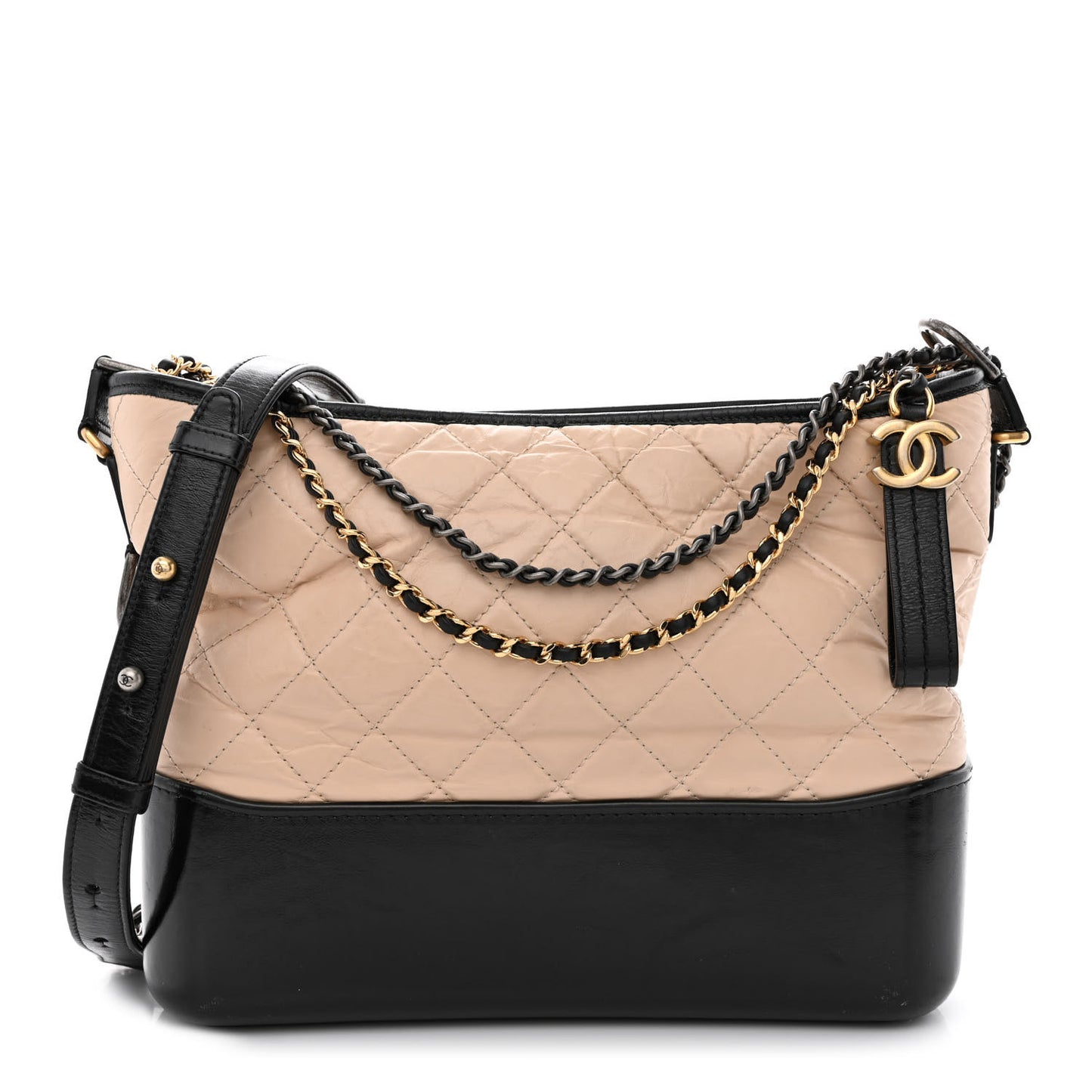 Aged Calfskin Quilted Medium Gabrielle Hobo Beige Black