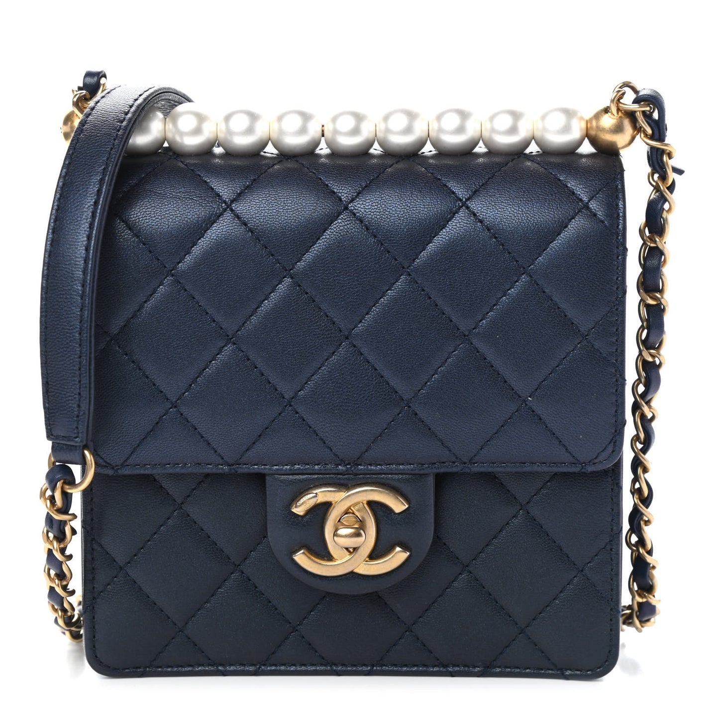 Iridescent Lambskin Quilted Chic Pearls Flap Navy Blue
