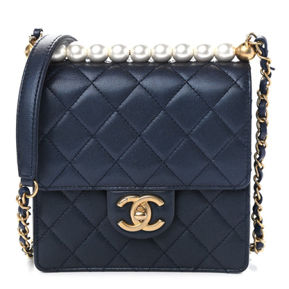 Chanel Iridescent Lambskin Quilted Chic Pearls Flap Navy Blue 1 of 9