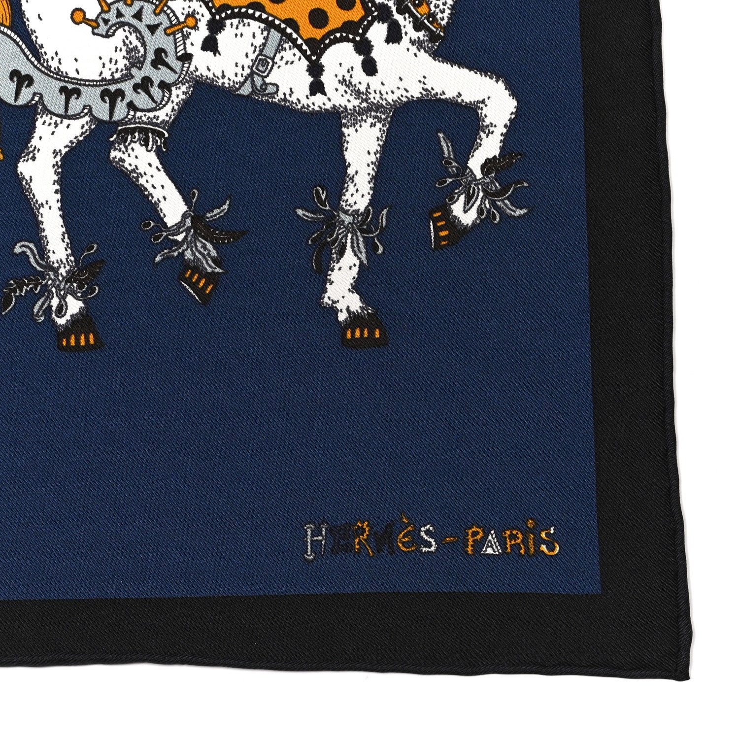 Hermes Silk La Folle Parade Zoom Pocket Square Scarf Bleu Nuit Gold White 2 of 4