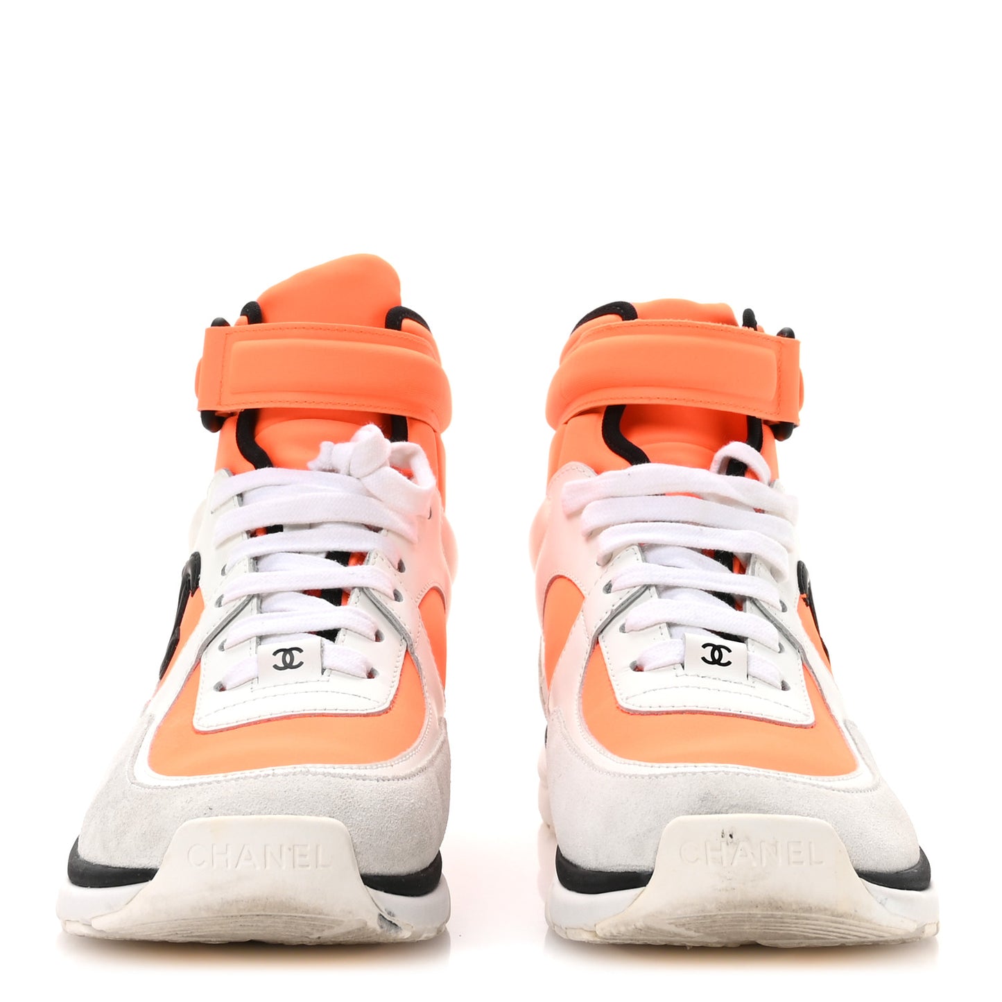 Suede Calfskin Lambskin Neoprene High Top CC Sneakers 37 White Fluo Orange