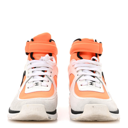 Chanel Suede Calfskin Lambskin Neoprene High Top CC Sneakers 37 White Fluo Orange 3 of 8