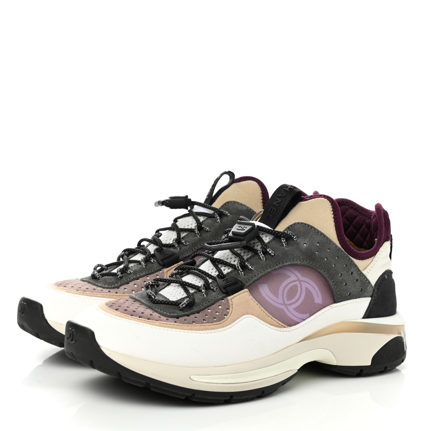 Fabric Suede Calfskin Mesh Womens CC Sneakers 39 White Grey Purple