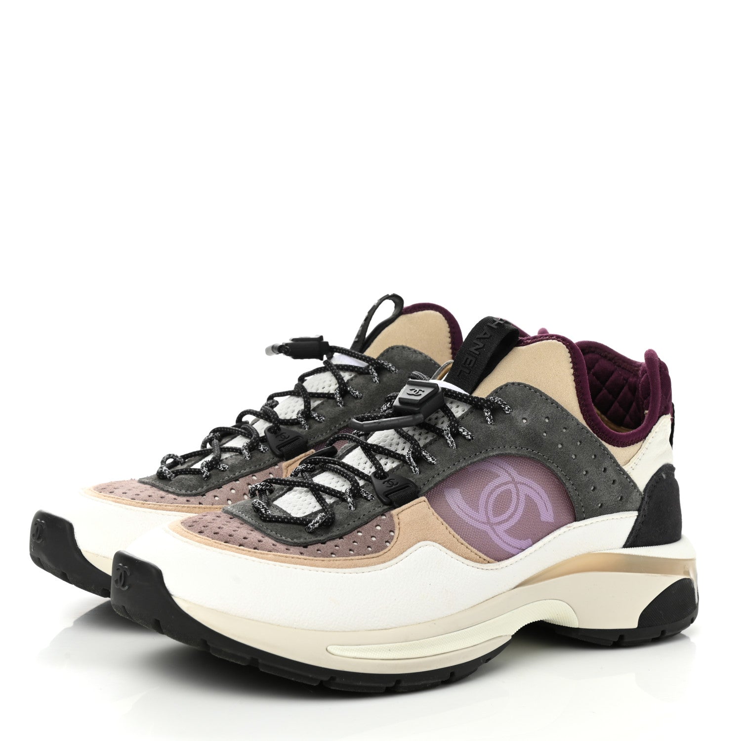 Chanel Fabric Suede Calfskin Mesh Womens CC Sneakers 39 White Grey Purple 2 of 9