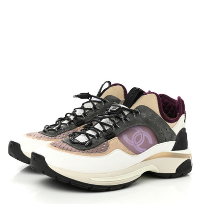 Chanel Fabric Suede Calfskin Mesh Womens CC Sneakers 39 White Grey Purple 2 of 9