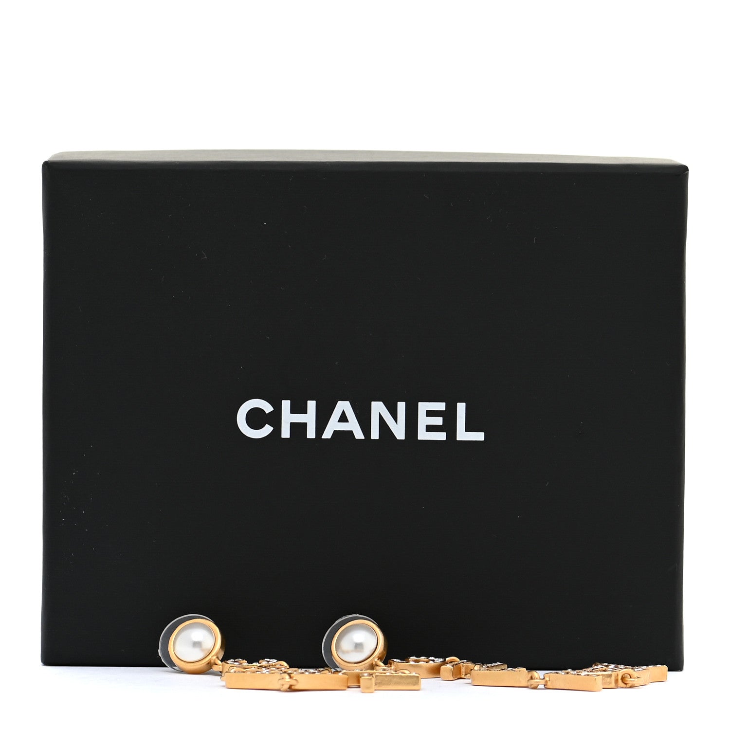 Chanel Crystal Pearl Logo Drop Earrings Gold 5 of 5
