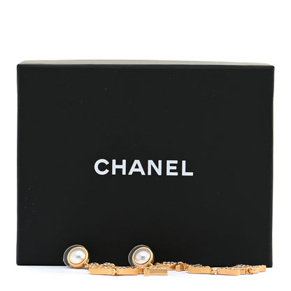 Chanel Crystal Pearl Logo Drop Earrings Gold 5 of 5