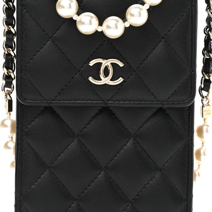 Chanel Lambskin Quilted Pearl Phone Holder With Chain Black 8 of 10