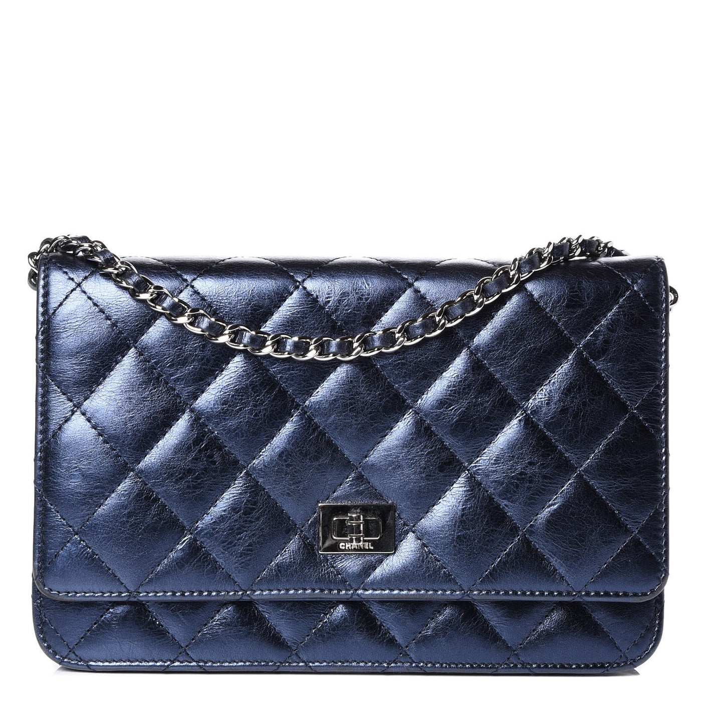 Metallic Lambskin Quilted Reissue Wallet On Chain WOC Blue