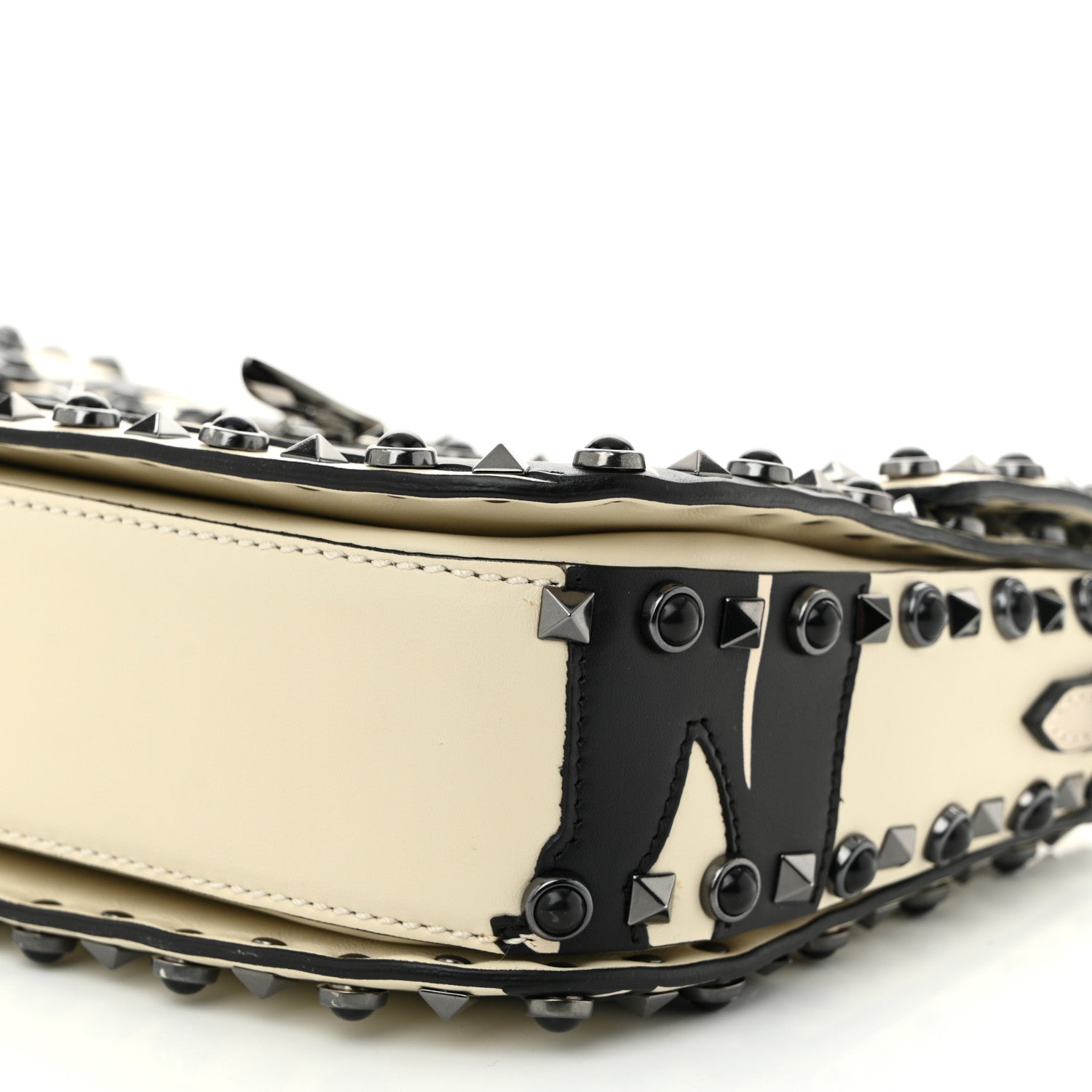 Valentino Garavani Calfskin Panther Medium Guitar Strap Rockstud Rolling Flap Saddle Bag Light Ivory Black 9 of 10