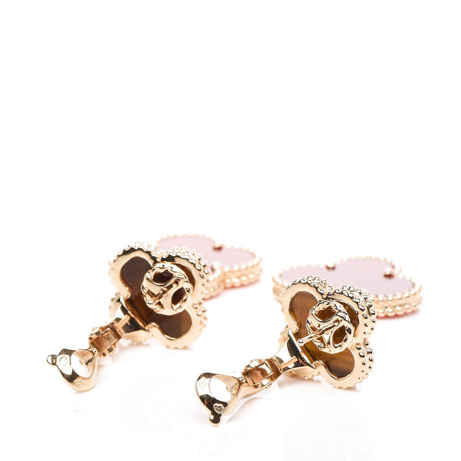 Van Cleef & Arpels 18K Yellow Gold Tiger Eye Carnelian 2 Motifs Magic Alhambra Earrings 3 of 5