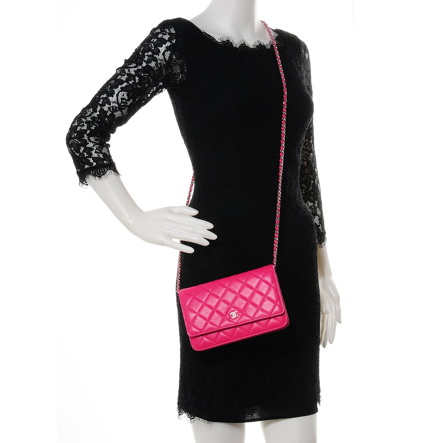 Lambskin Wallet On Chain WOC Dark Pink