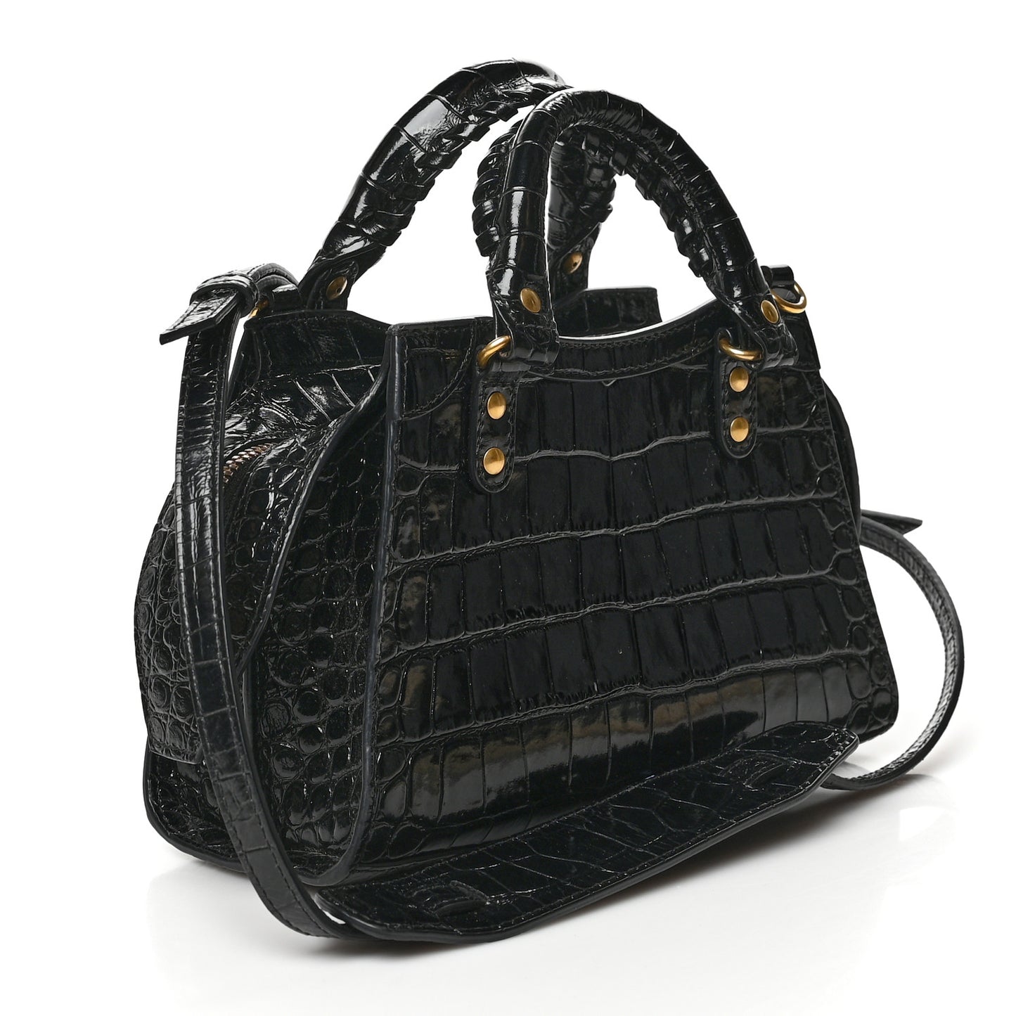 Shiny Supple Calfskin Crocodile Embossed Neo Classic Gold Hardware Mini City Black