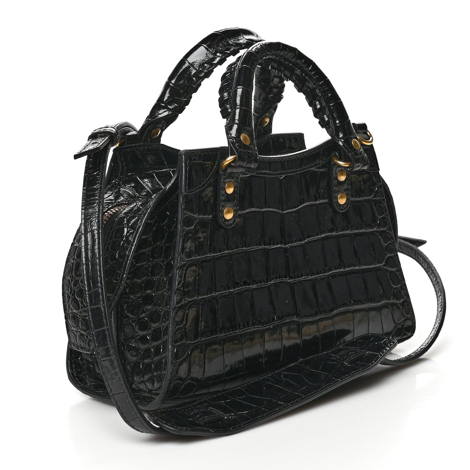 Balenciaga Shiny Supple Calfskin Crocodile Embossed Neo Classic Gold Hardware Mini City Black 3 of 6