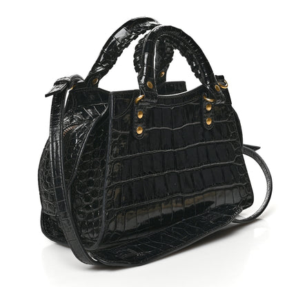 Balenciaga Shiny Supple Calfskin Crocodile Embossed Neo Classic Gold Hardware Mini City Black 3 of 6