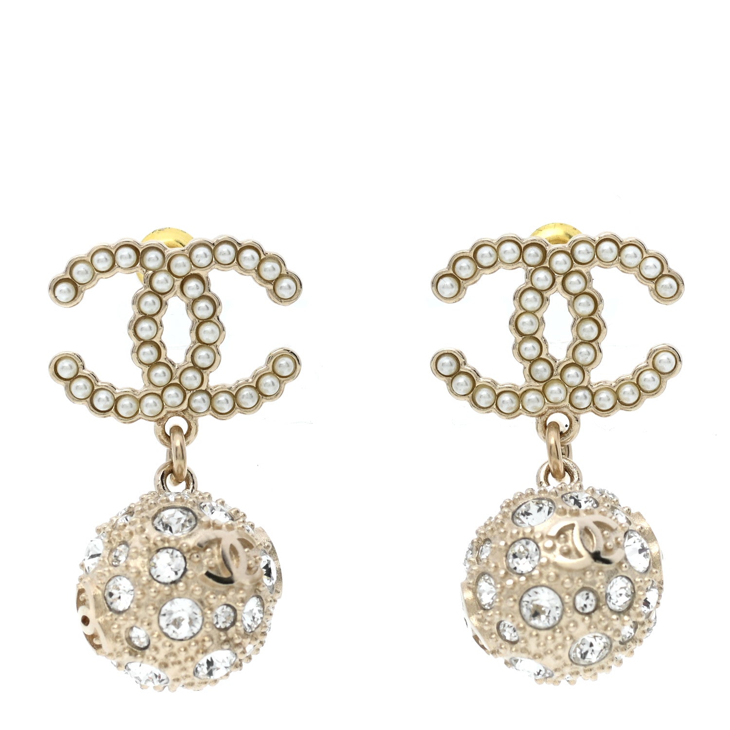 Chanel Crystal Pearl CC Drop Earrings Gold Pearly White 1 of 5