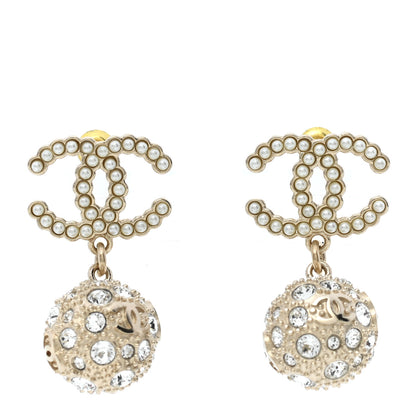 Chanel Crystal Pearl CC Drop Earrings Gold Pearly White 1 of 5