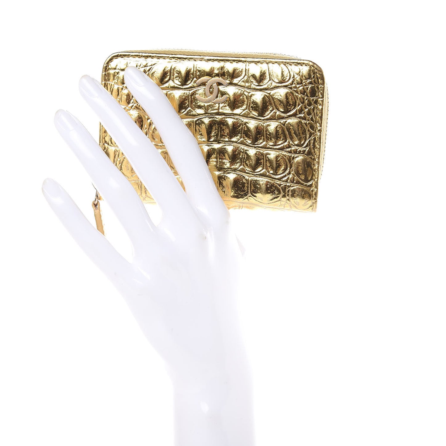 Metallic Calfskin Crocodile Embossed Cocodile Zip Coin Case Gold