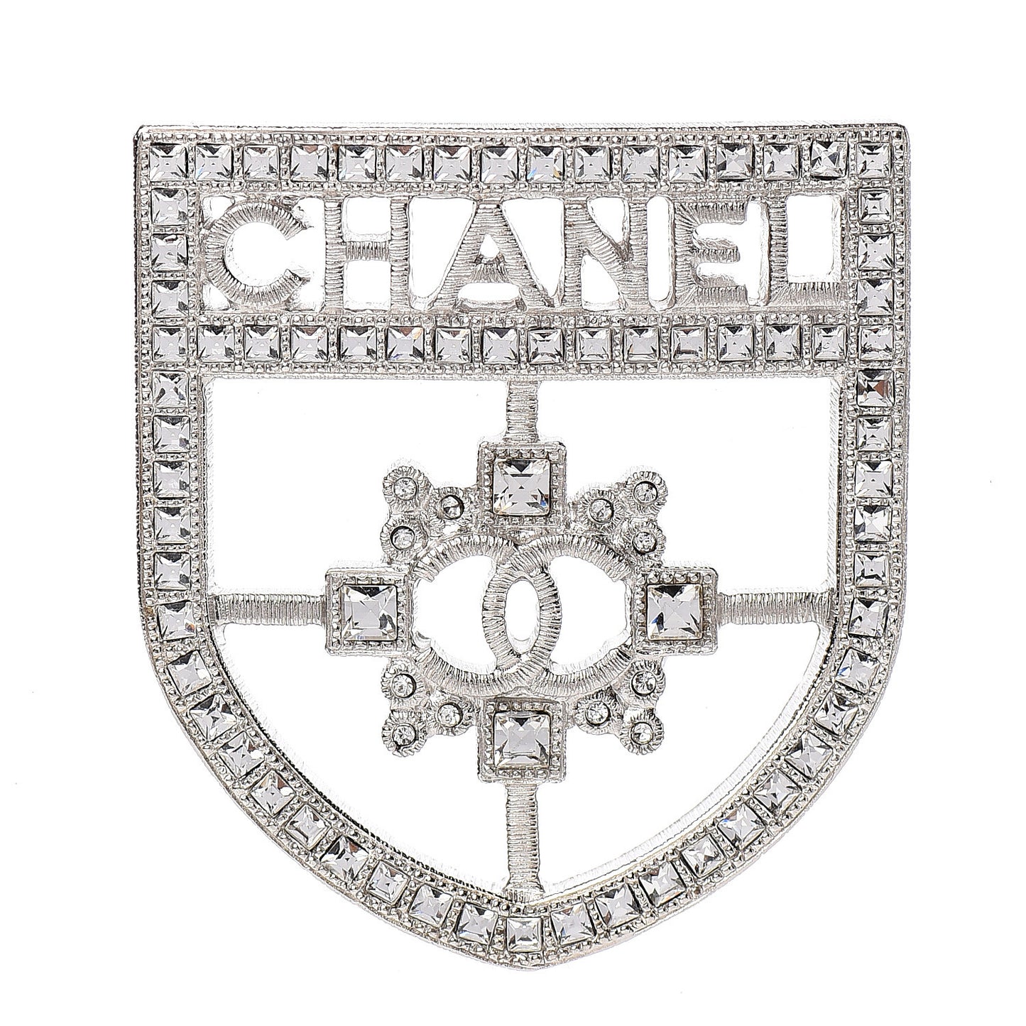 Swarovski Baguette Crystal CC Shield Brooch Silver