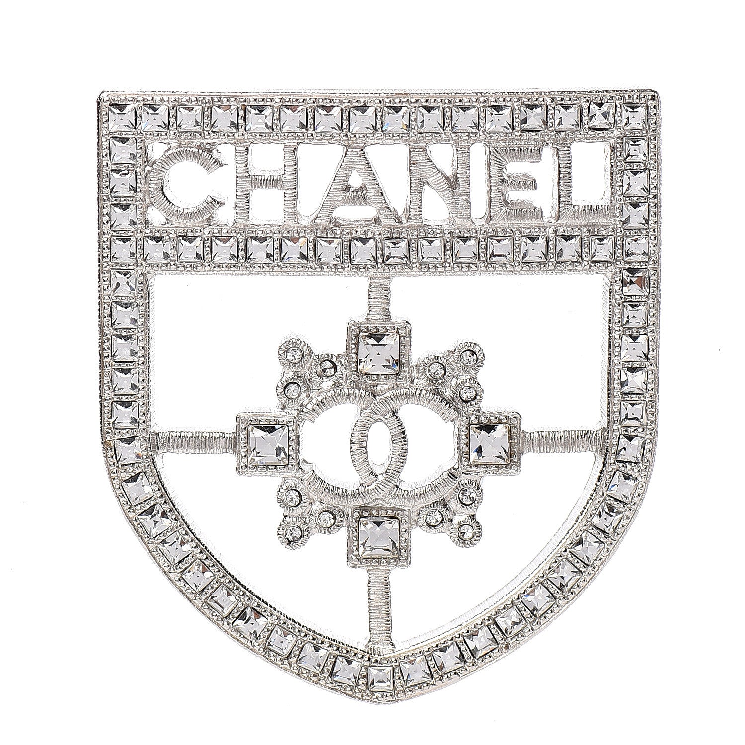Chanel Swarovski Baguette Crystal CC Shield Brooch Silver 1 of 5