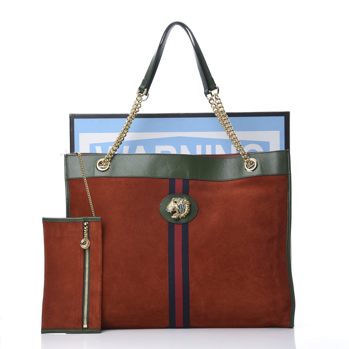 Suede Calfskin Large Rajah Chain Tote Brown Green