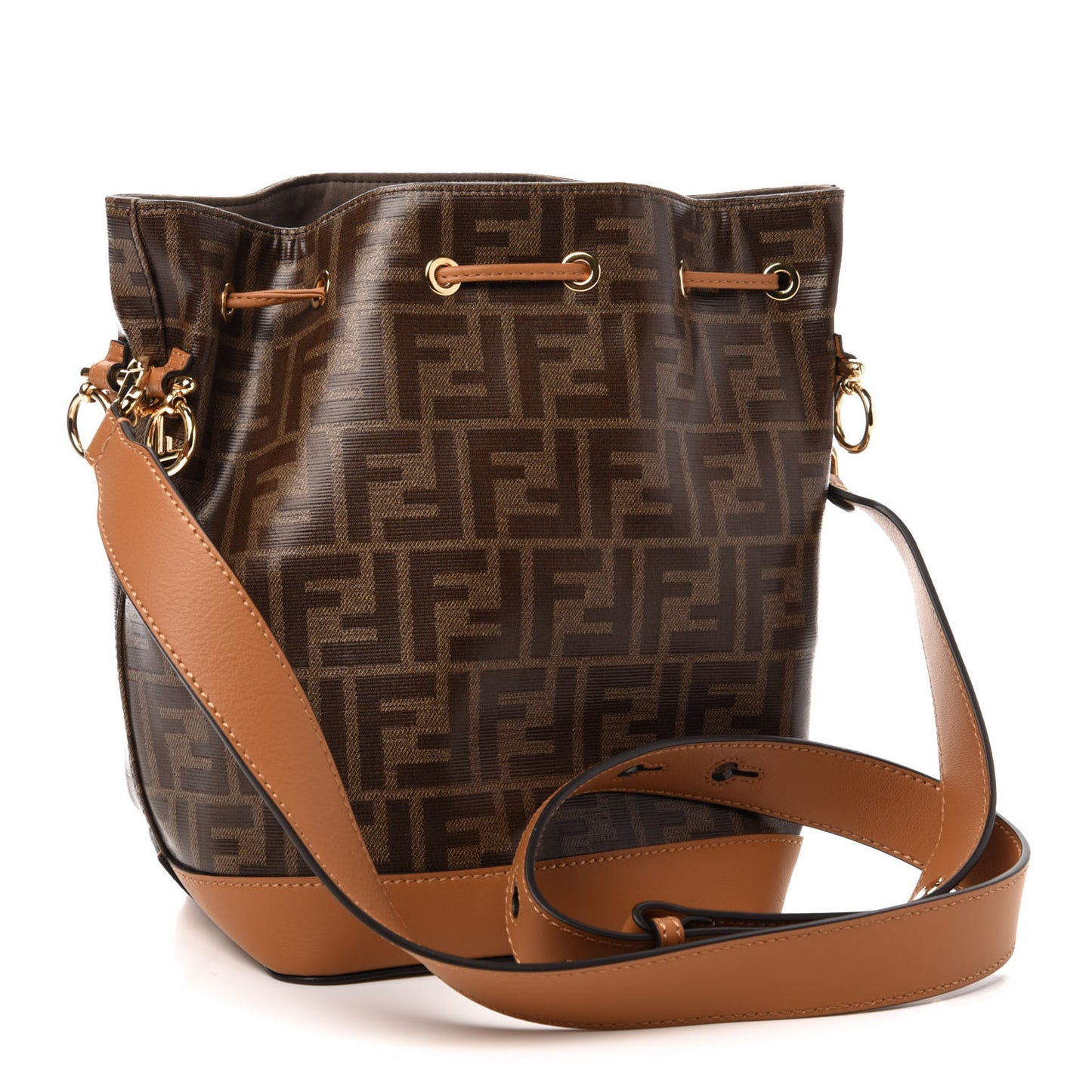 Glazed Fabric Vitello Grace F is Fendi FF 1974 Stamp Patch Grande Mon Tresor Bucket Bag Mogano Panna Nocciola