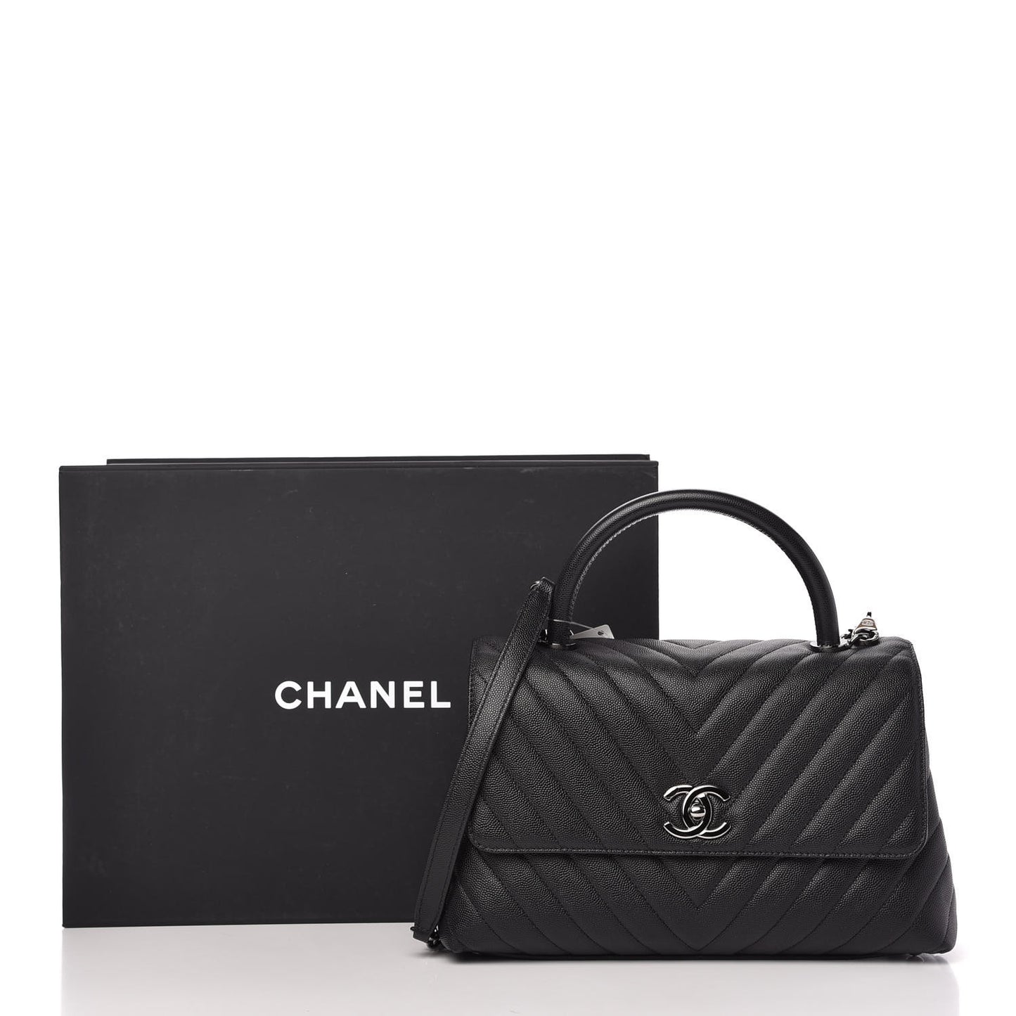 Caviar Chevron Quilted Small Coco Handle Flap Black