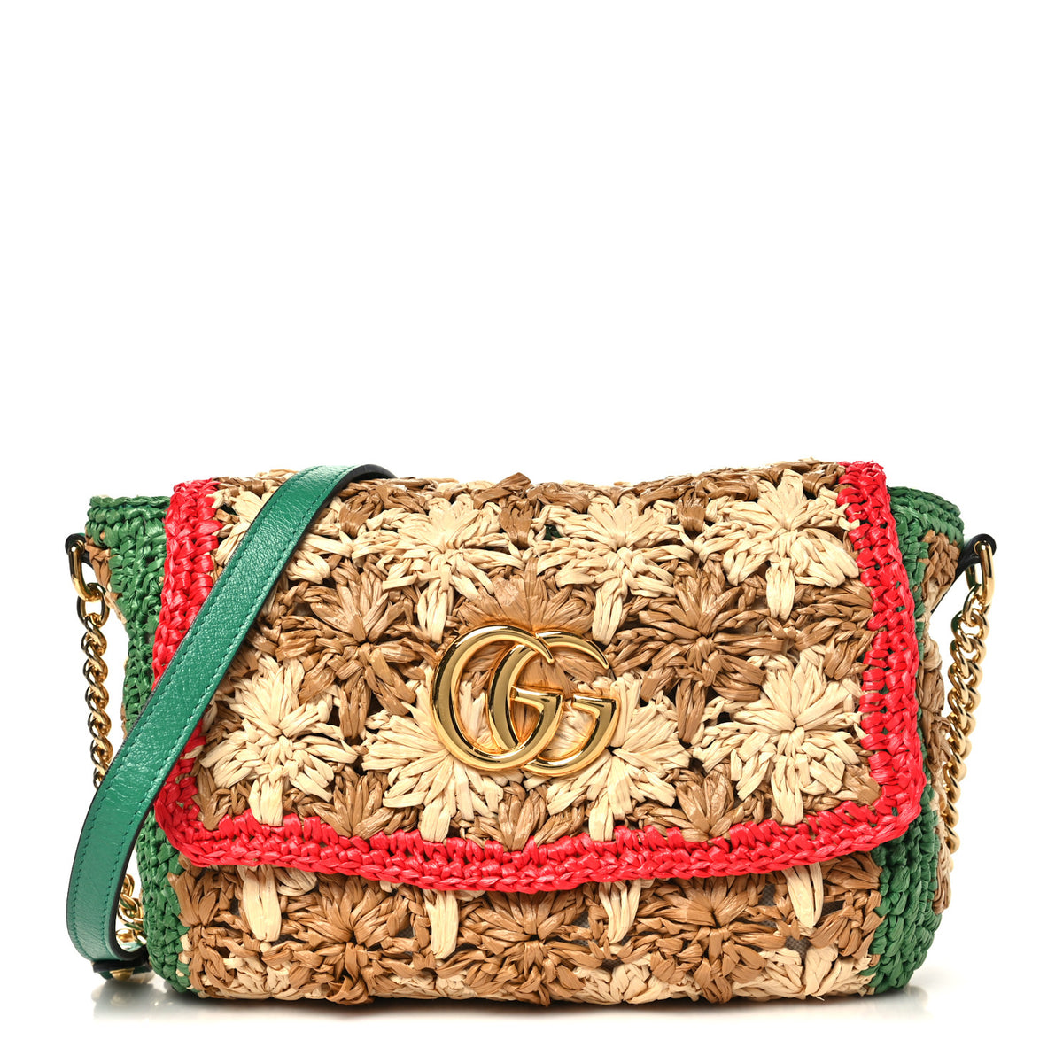 Gucci Raffia Azalea Calfskin Crochet Flower Small GG Marmont Shoulder Bag Natural Ecru Green Red New Shamarock 1 of 10