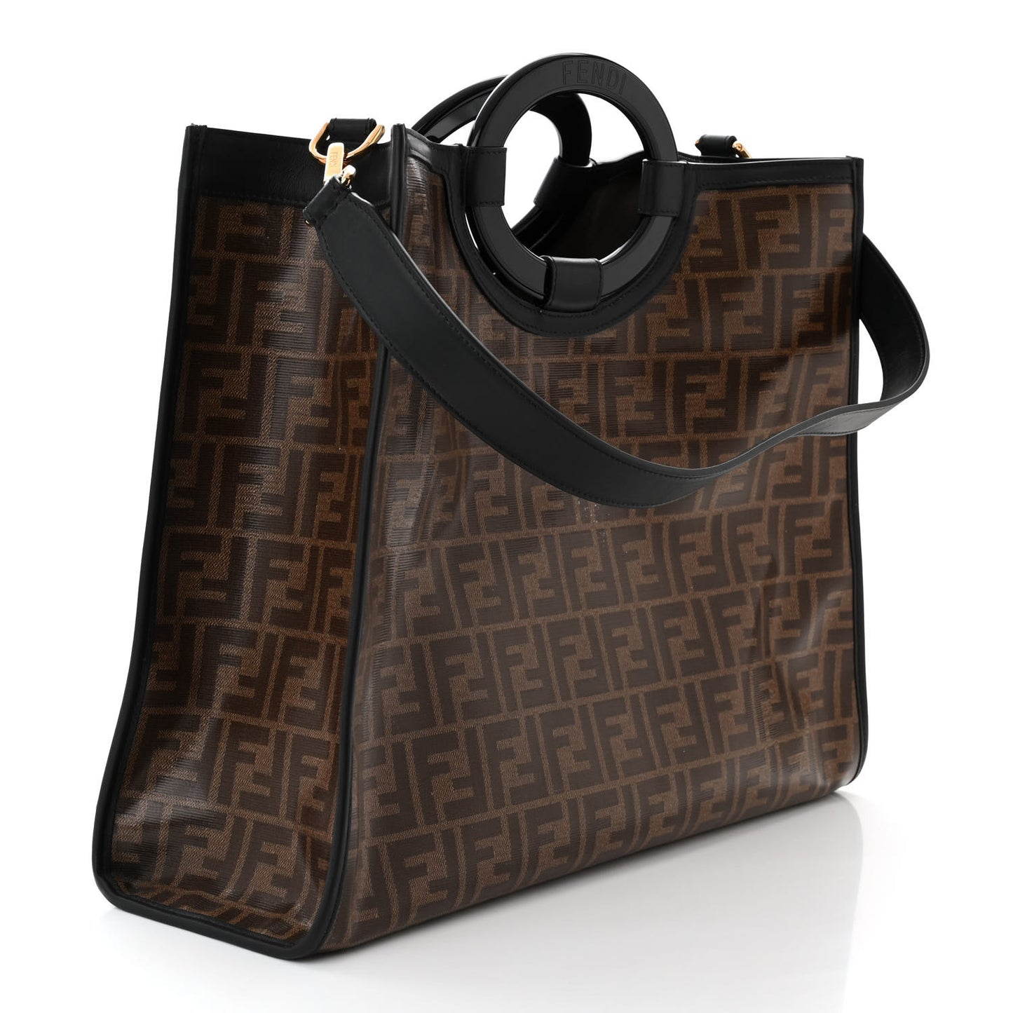 Glazed Fabric Vitello Century Plexiglass FF 1974 Stamp Patch Medium Runaway Shopper Tote Mogano Panna Black
