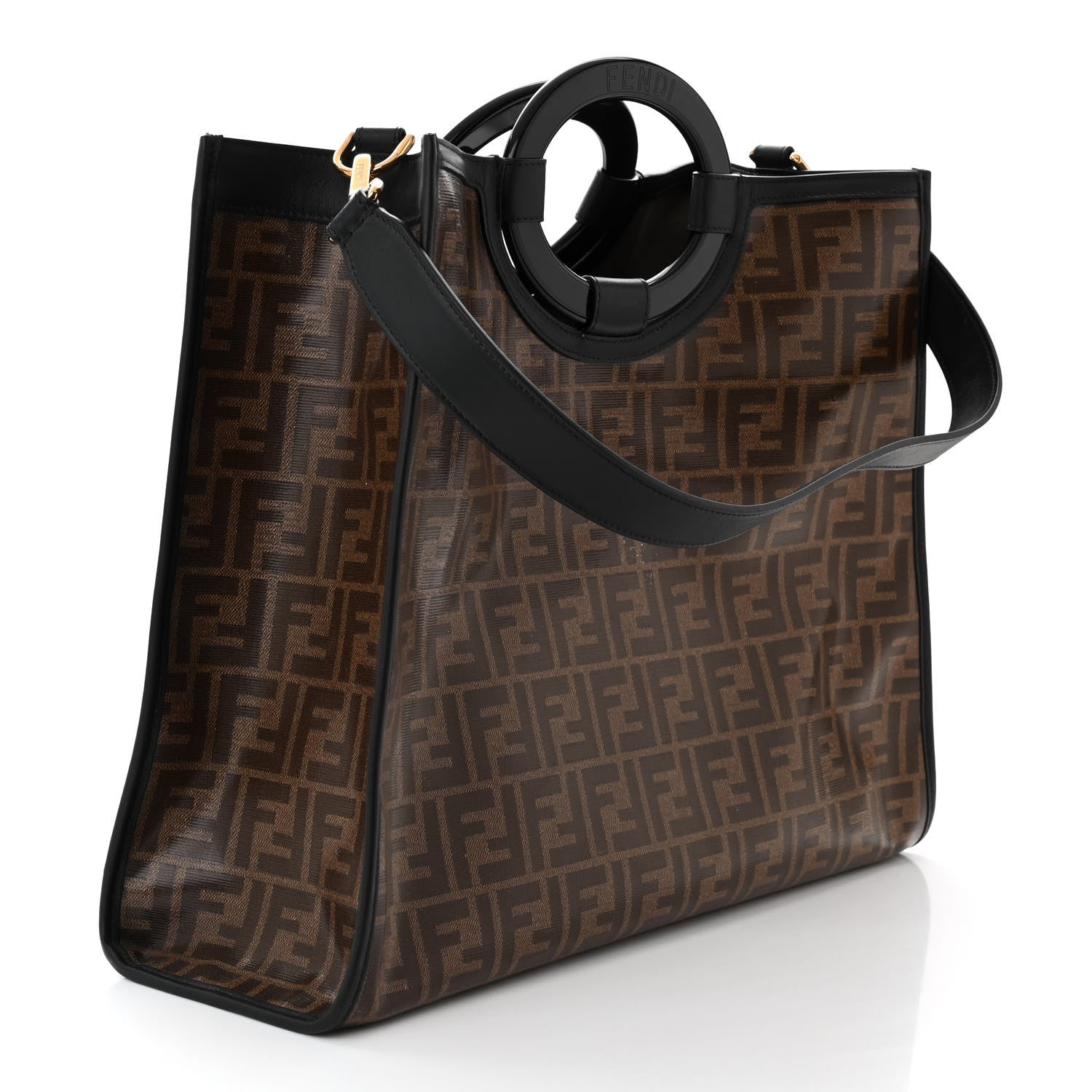 Fendi Glazed Fabric Vitello Century Plexiglass FF 1974 Stamp Patch Medium Runaway Shopper Tote Mogano Panna Black 3 of 12