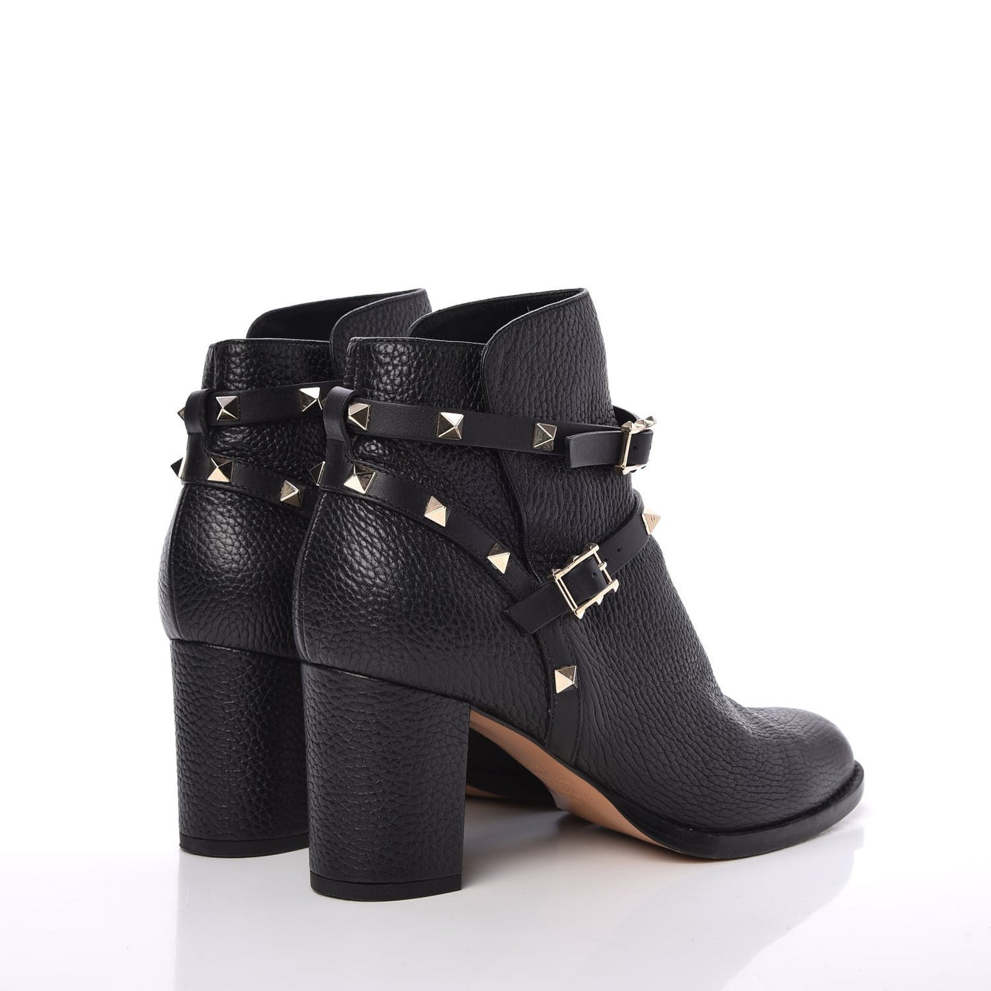 Pebbled Calfskin Rockstud Double Buckle 70mm Block Heel Ankle Boots 38.5 Black