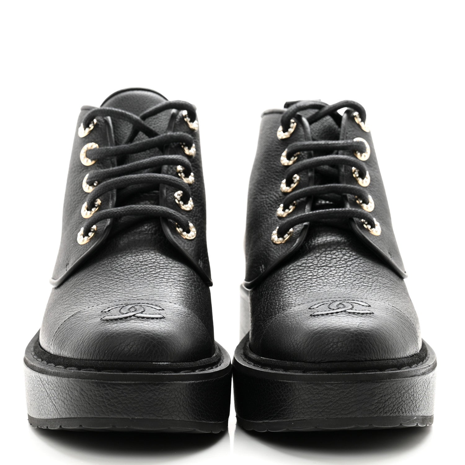 Chanel Buffalo Pearl Lace Up CC Combat Short Boots 38 Black 2 of 10