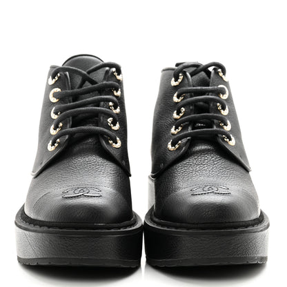 Chanel Buffalo Pearl Lace Up CC Combat Short Boots 38 Black 2 of 10