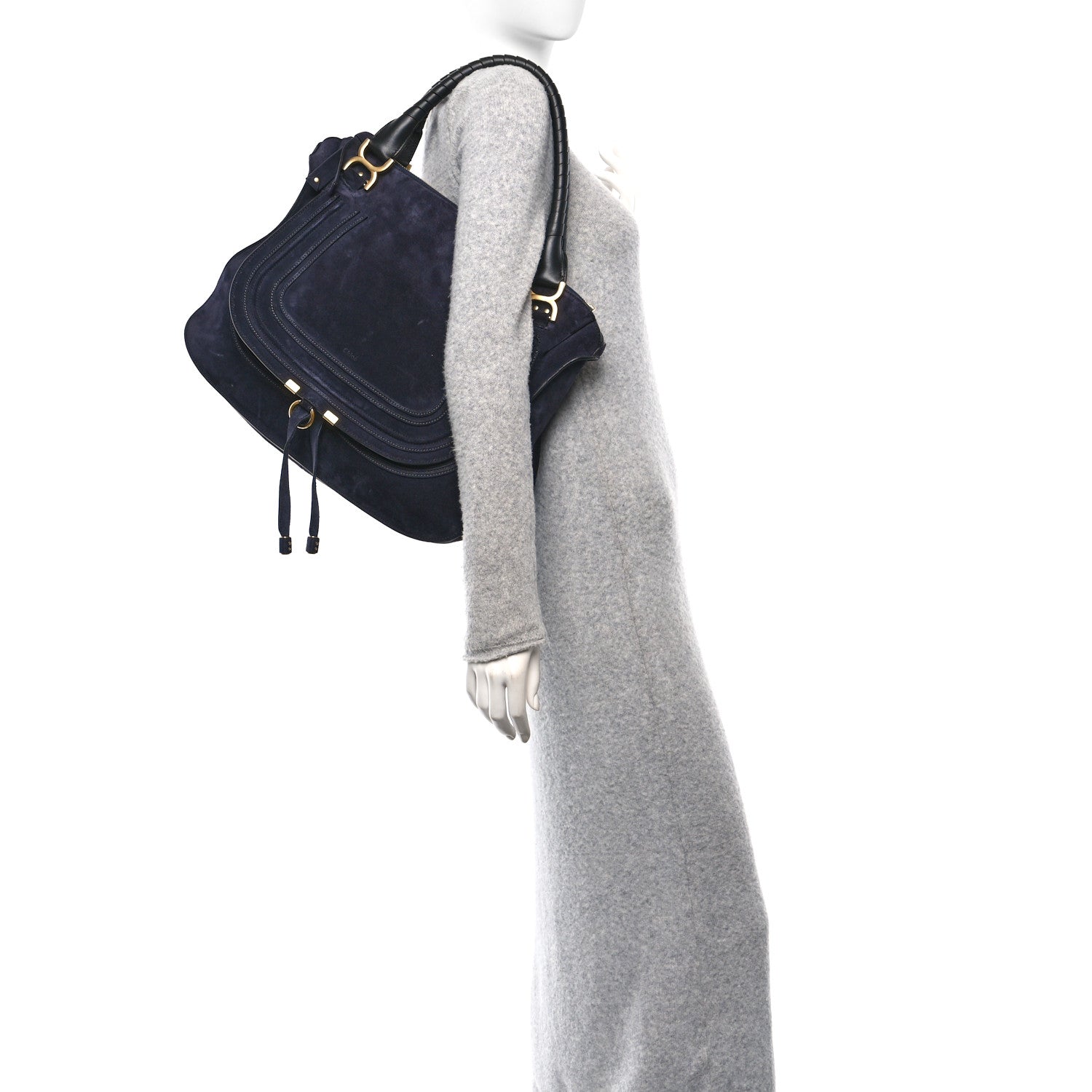 Chloe Suede Calfskin Braided Large Marcie Double Carry Navy 2 of 11