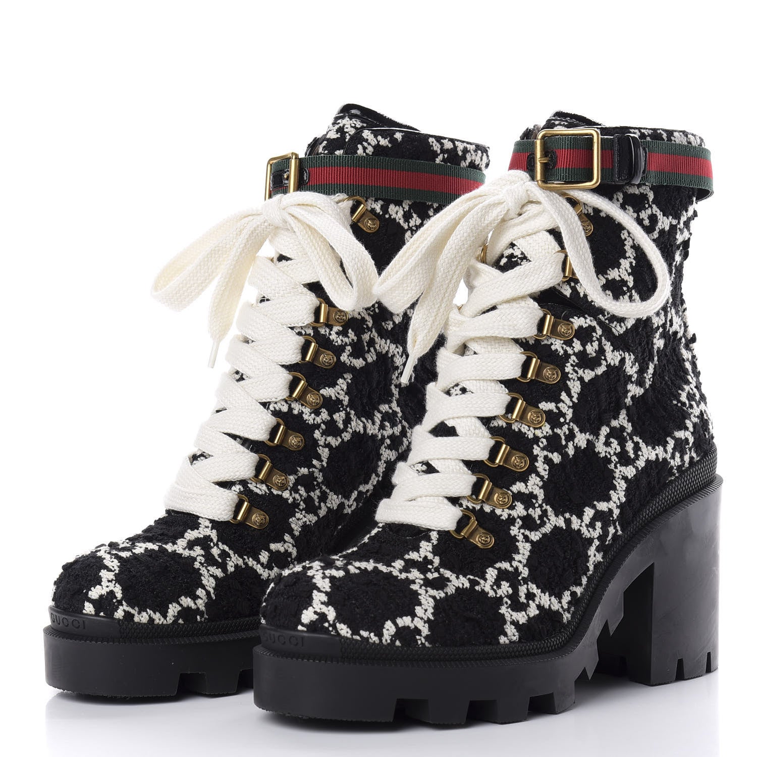 Gucci Tweed GG Monogram Lace Up Combat Ankle Boots 40.5 Black 3 of 12