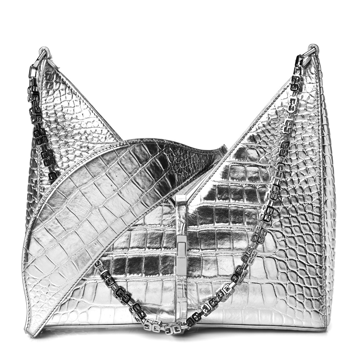 Givenchy Metallic Calfskin Croc Embossed Small Cut Out Shoulder Bag Silver 1 of 10