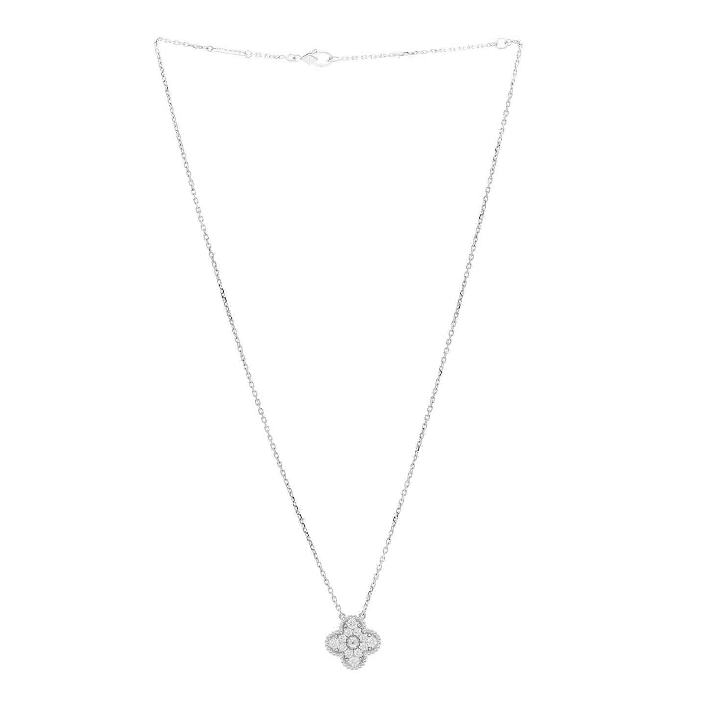 18K White Gold Diamond Vintage Alhambra Pendant Necklace