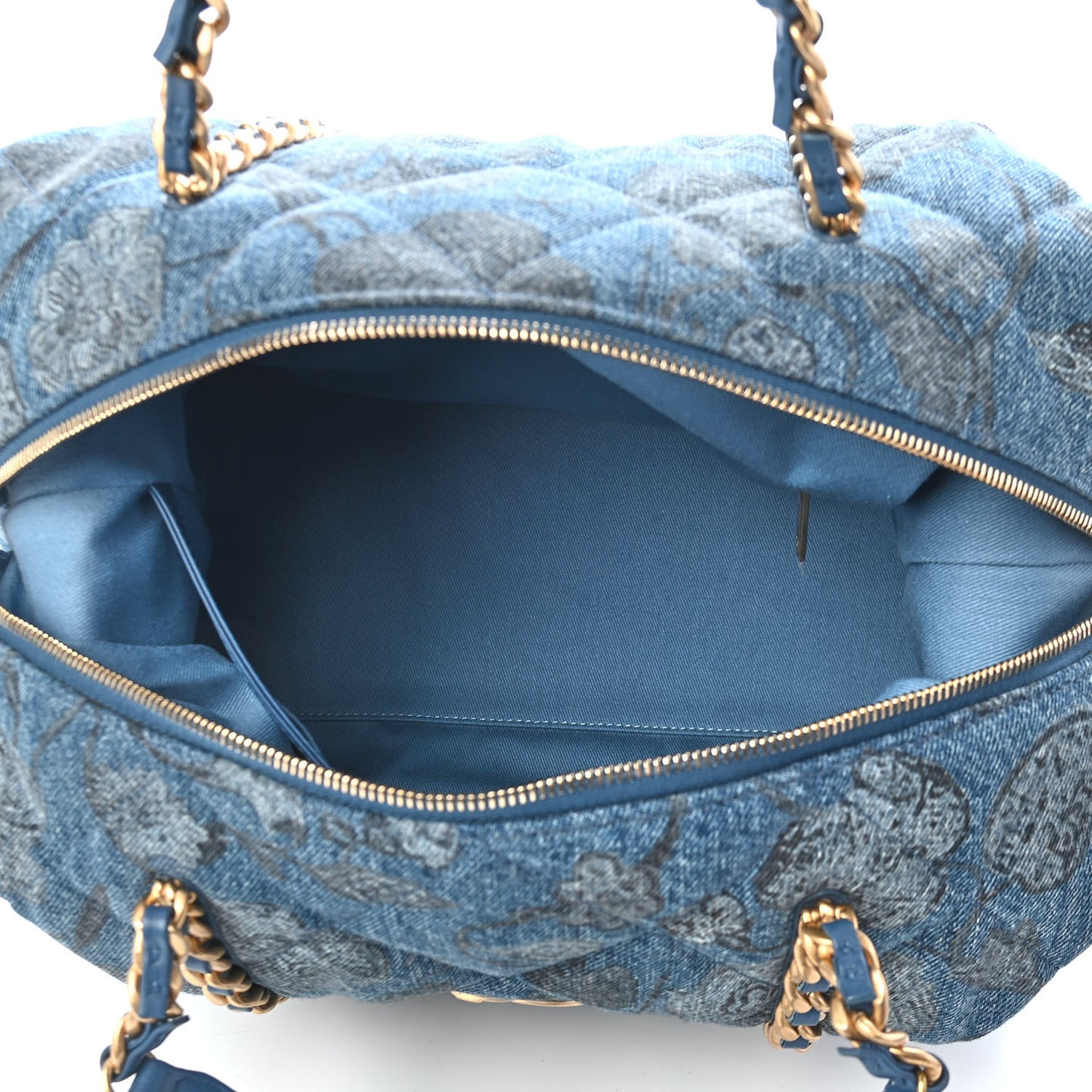 Denim Printed Destination Chenonceau Bowling Bag Blue Grey White