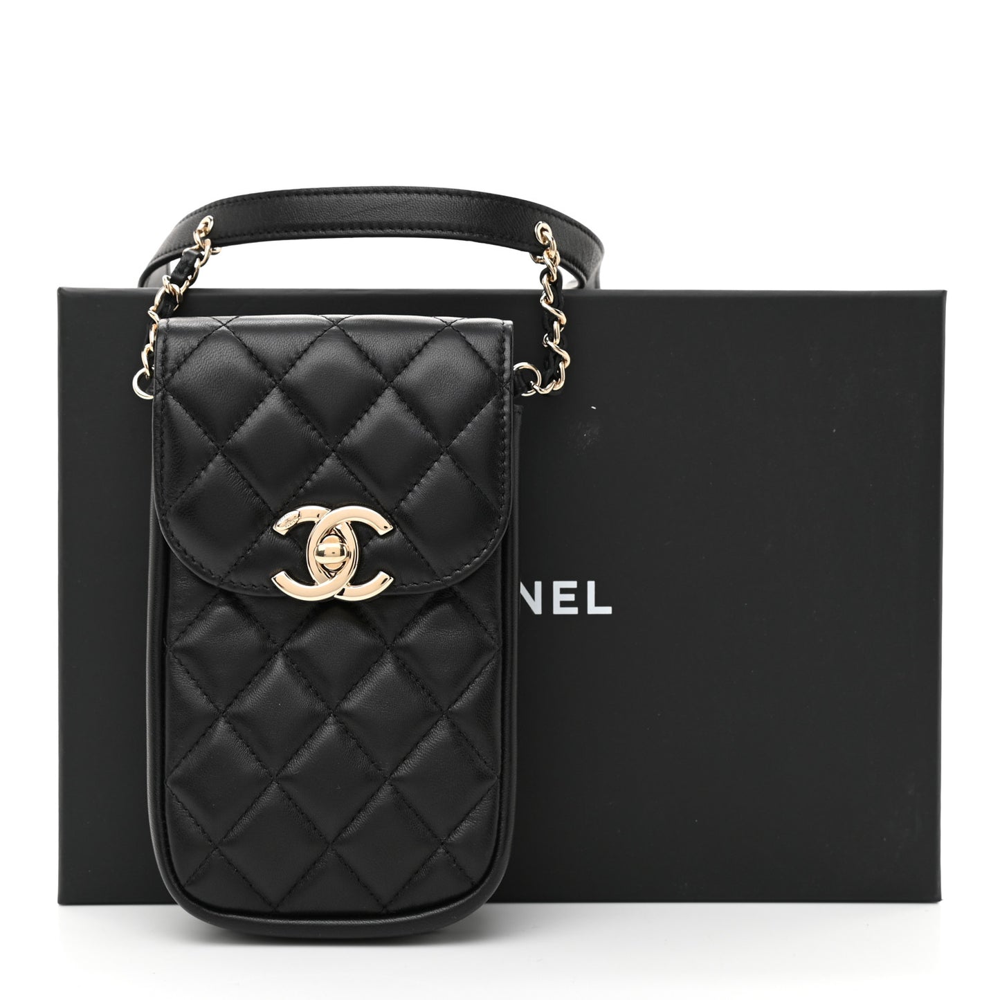 Lambskin Quilted Phone Chain Clutch Waist Bag Black