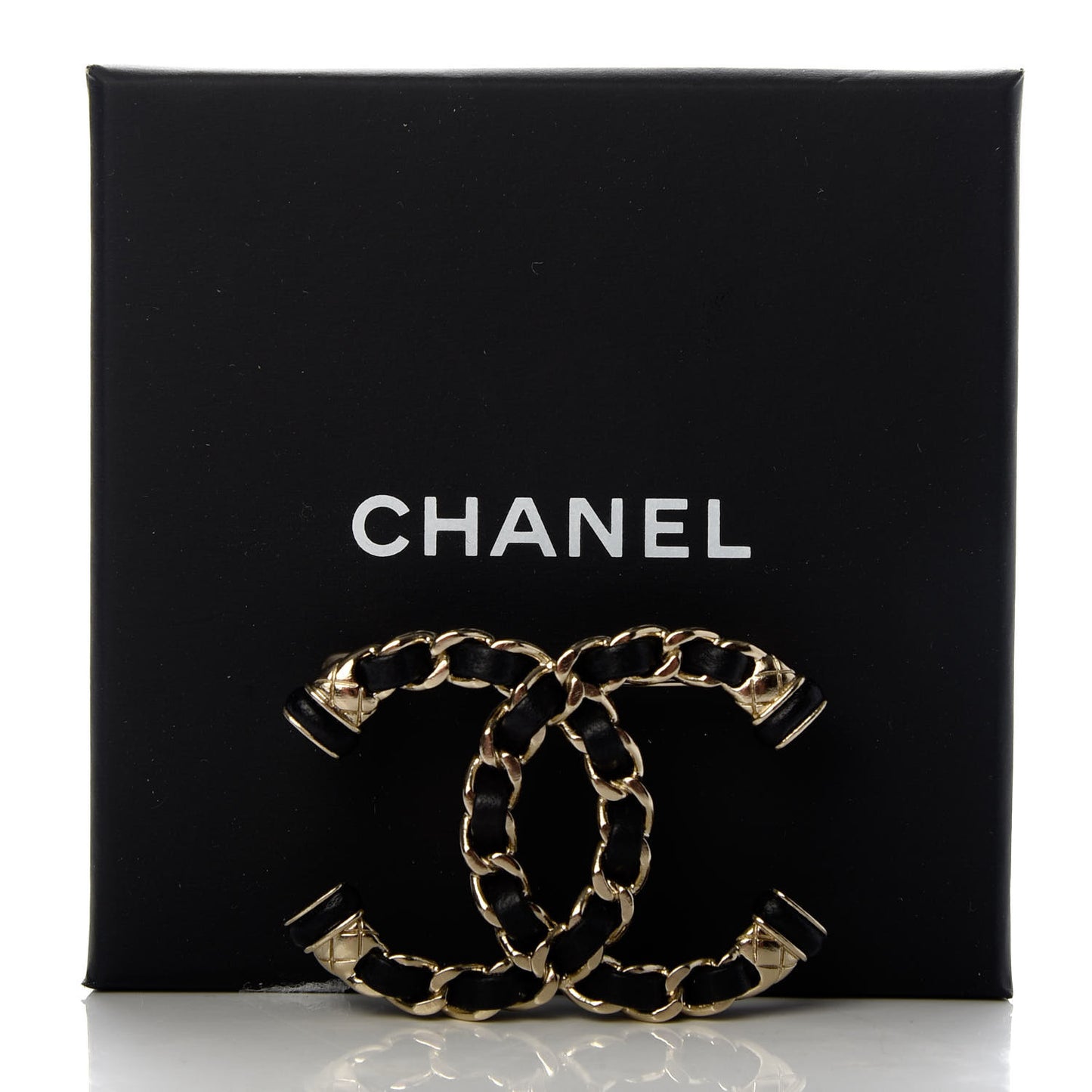 Lambskin Chain CC Brooch Black Gold