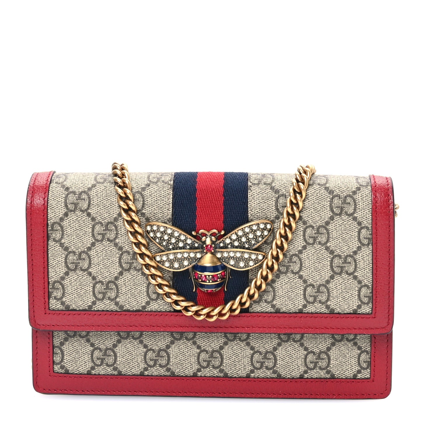 GG Supreme Monogram Web Queen Margaret Chain Wallet Red