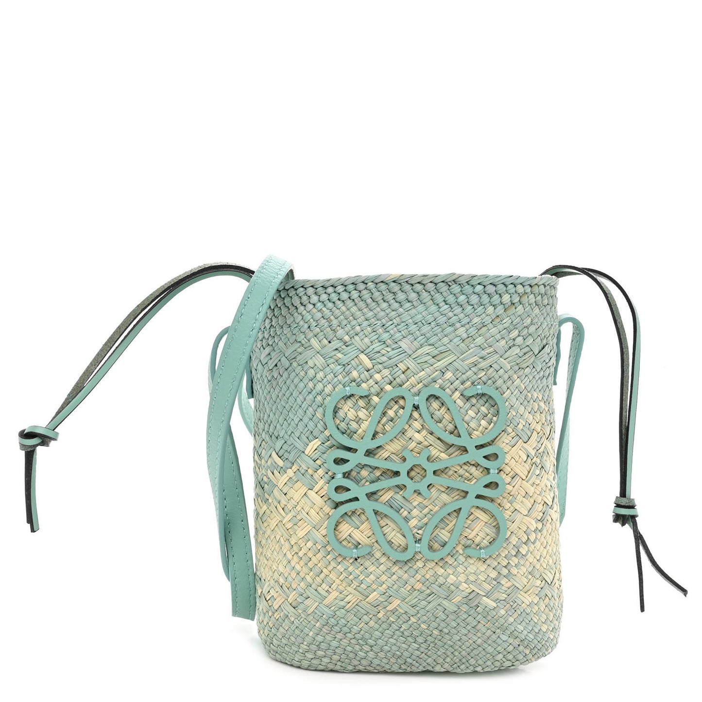 Calfskin Raffia Paulas Ibiza Square Bucket Bag in Natural Blue
