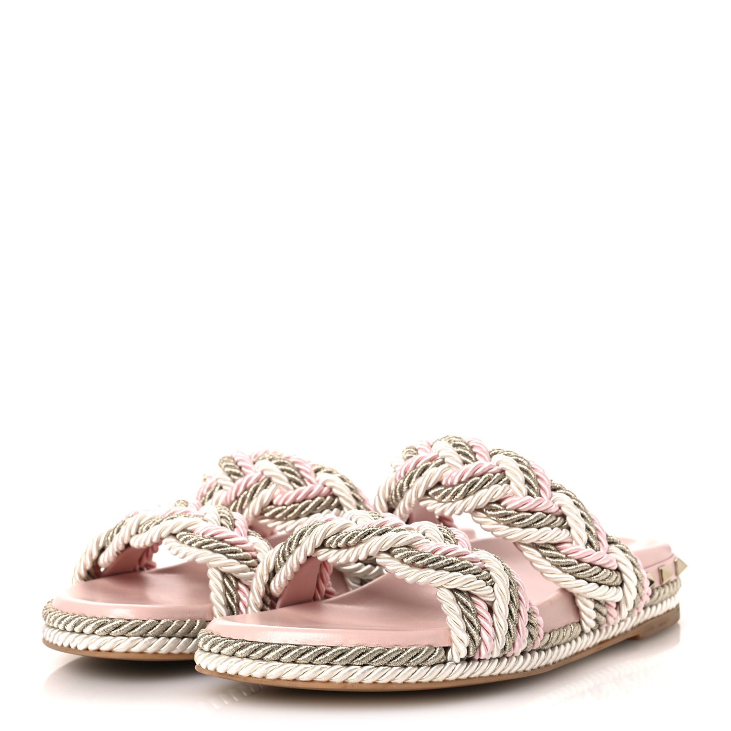 Silk Cord Calfskin Rockstud Rope Espadrille Wedge Sandals 39 Pink