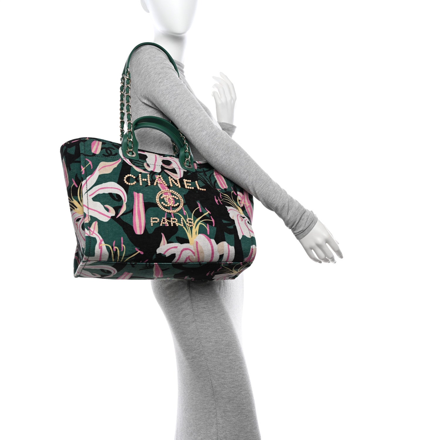 Chanel Velvet Calfskin Beaded Medium Deauville Tote Pink Green Black 2 of 11