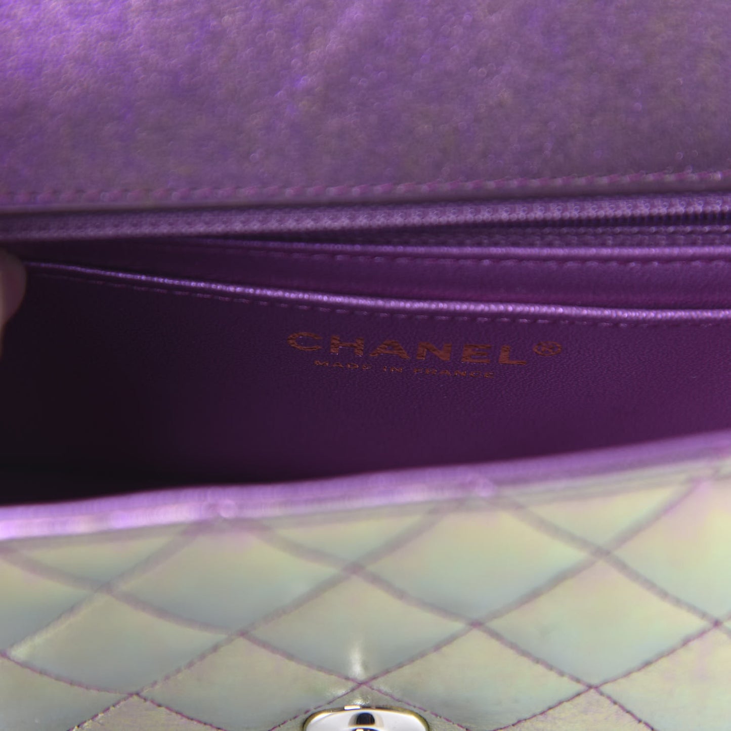Iridescent Lambskin Quilted Mini Rectangular Flap Purple