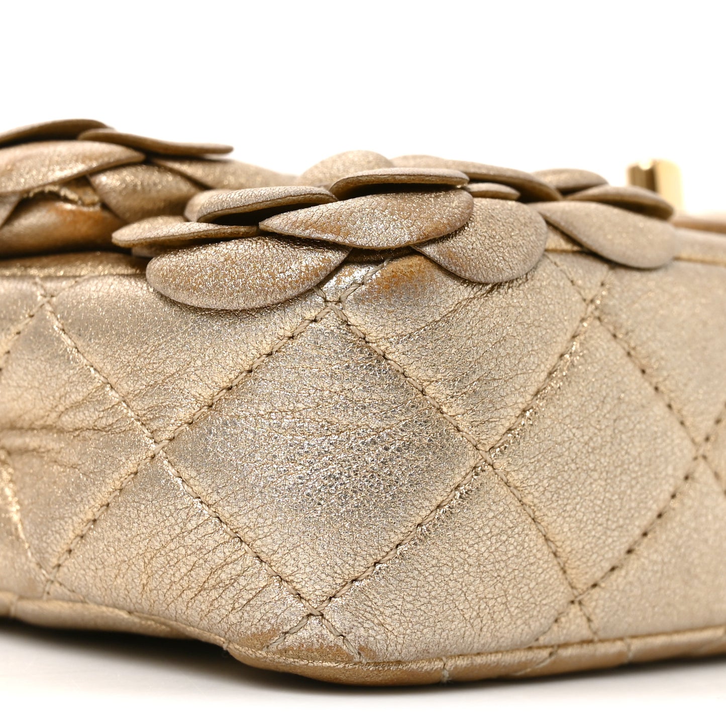 Metallic Lambskin Quilted Mini Camellia Flap Gold